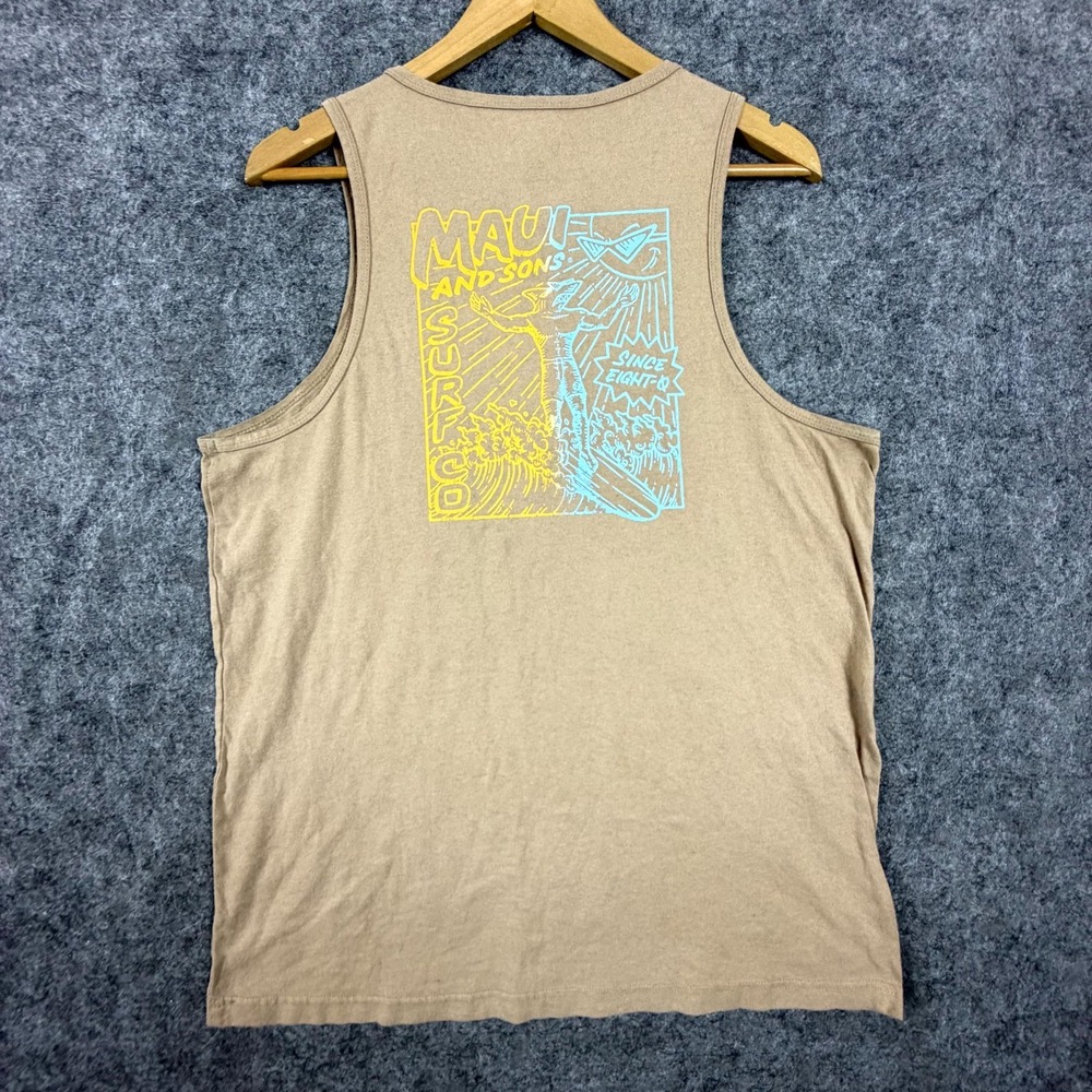 Maui and Sons Tank Top Mens Large Brown Surf Co Shark Neon Graphic Summer Beach